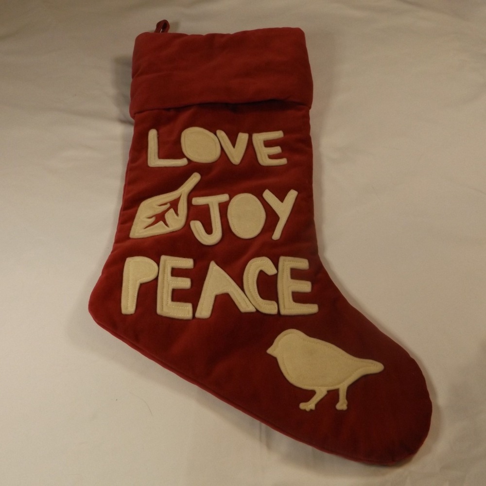Pottery Barn Christmas Stocking Red Love Joy Peace Bird Holiday Farmhouse Decor